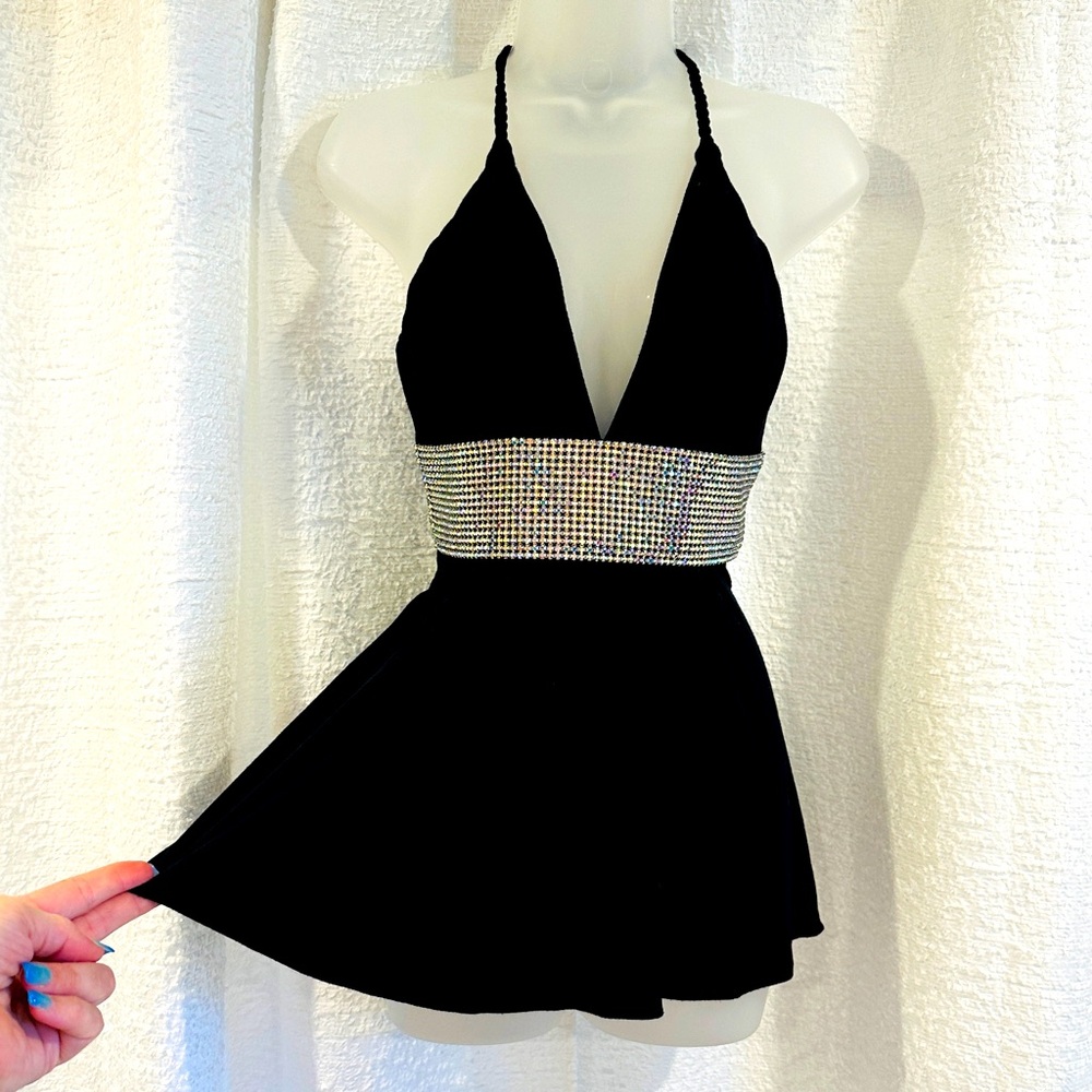 STUNNING Vintage NWT SKY Halter Top L Black Bling Rhinestone Belt Trim RHOC ASOS